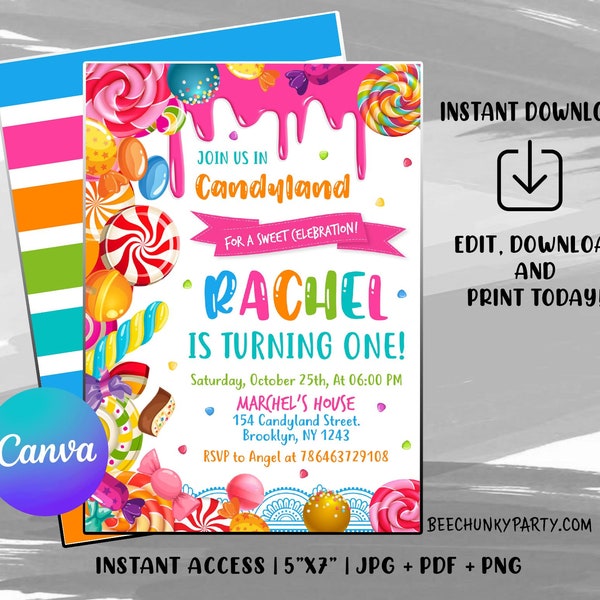 Candy Birthday Invitation, Candyland Birthday, Invitation Candyland Lolipop, Sweet Celebration Birthday, Digital File, Instant Download