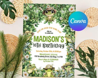 Frog Birthday Invitation, Frog Themed Birthday Invitation, Invitation Birthday Kids Frog, Editable Frog Invitation, Editable Canva Template