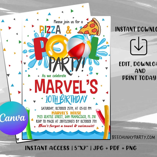 Pizza Pool Party Invitation, Boy Pool Party, Pizza and Pool Party Invite, Swimming Party, Instant Download, Editable Template