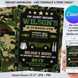 Editable Military Party Invitations, Army Birthday Invitation, Soldier Birthday Invitation, Military Invite, Camouflage Any Age Invites