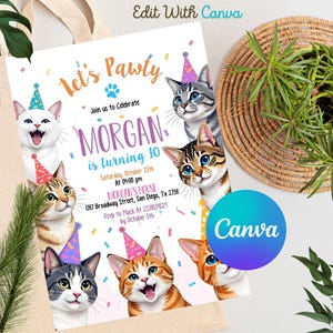 Editable Cat Birthday Invitation, Cat Theme Birthday Invitation, Are You Kitten Me Birthday, Paw-ty Birthday Invite, Rainbow, Digital