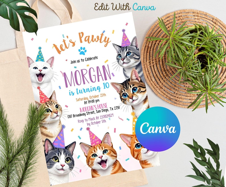 Editable Cat Birthday Invitation, Cat Theme Birthday Invitation, Are You Kitten Me Birthday, Paw-ty Birthday Invite, Rainbow, Digital