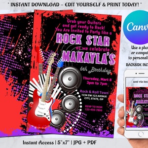 Bearbeitbare Rockstar-Einladung, Rock'n'Roll-Geburtstag, Musik-Geburtstag einladen, Rock-Gitarre einladen, Download mit CANVA