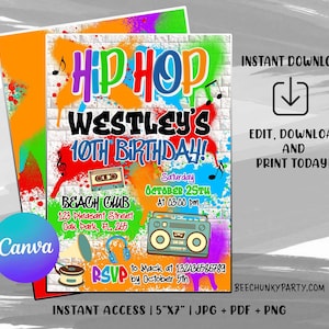 Hip Hop Graffiti Geburtstagseinladung, Junge Hip Hop Party einladen, Graffiti lädt ein, 90er Jahre Einladung, Hip Hop Rap Einladungen Sofort Download