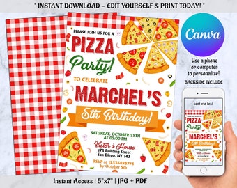 May include: A printable 5x7 inch invitation for a pizza party to celebrate a child's 5th birthday. The invitation features a red and white checkered background, a cartoon pizza with toppings, and the text "Please join us for a pizza party! To celebrate Marchel's 5th birthday!"