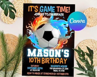 May include: A birthday invitation with a soccer ball engulfed in flames and blue fire. The text reads "It's Game Time! Join us to celebrate Mason's 10th Birthday". The invitation includes the date, time, and location of the party.