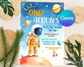 Invitación de cumpleaños espacial editable, invitación de astronauta con cohetes y planetas, invitación espacial para niños, descarga digital