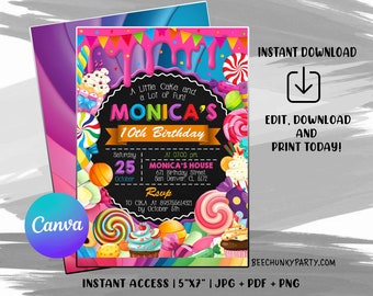 May include: A printable 5x7 inch birthday invitation with a candy theme. The invitation features a chalkboard background with the text "Monica's 10th Birthday" and a colorful candy design.