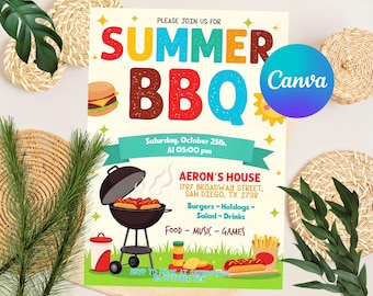 Summer BBQ Party Flyer Editable Template, DIY Cookout Invitation, Canva