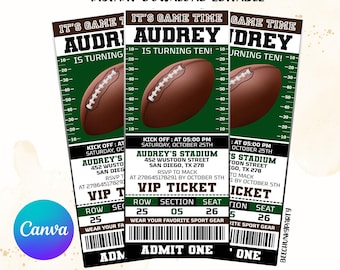 Invito di compleanno modificabile con biglietto di football americano, invito per festa di football americano, invito per festa in stile biglietto sportivo con CANVA
