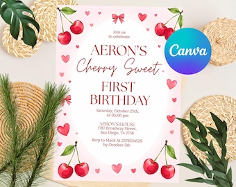 Invitación de cumpleaños con tema de cerezas, plantilla editable de Canva, invitación de cumpleaños con lazo de cerezas, fiesta de cumpleaños de niña con temática de cerezas, invitación personalizada