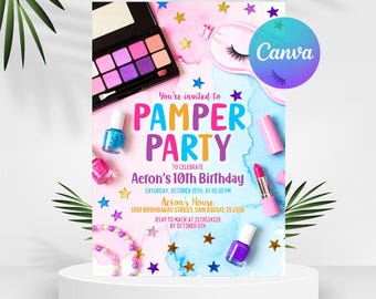 Puede incluir: Una invitación a una fiesta con un fondo de acuarela rosa y azul. El texto "PAMPER PARTY" está en letras coloridas. Maquillaje, esmalte de uñas y una máscara para dormir están esparcidos por la invitación. La invitación es para el décimo cumpleaños de Aeron.