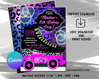May include: A printable invitation for a 10th birthday party with a roller skate theme. The invitation features a purple and black roller skate with neon green laces and a pink and purple monster truck. The text on the invitation reads "Roll on over to celebrate Madison's 10th Birthday Party!" and includes the date, time, and location of the party.