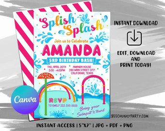 May include: A colorful invitation for a 5th birthday party with the theme "Splish Splash". The design features water splashes, a rainbow, and the name "AMANDA". Includes details for the event, and says "Bring your swimsuit & towel".