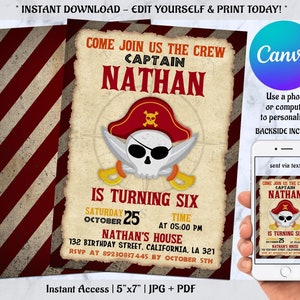 Invitation de fête d'anniversaire pirate modifiable, invitation bateau pirate, fête pirate, invitation carte au trésor, fête pirate téléchargement immédiat