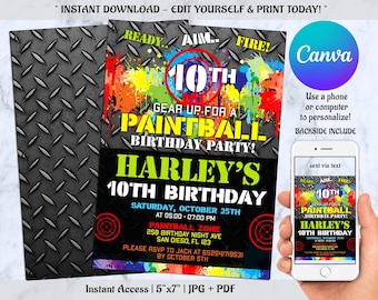 Paintball Birthday Invitation, Paintball Invitation, Paintball Party, Paintball Invite instant Download, Digital CANVA