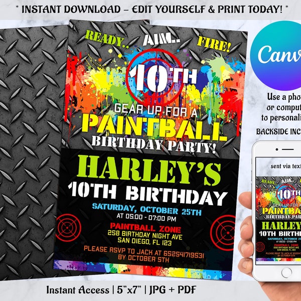 Paintball Birthday Invitation, Paintball Invitation, Paintball Party, Paintball Invite instant Download, Digital CANVA