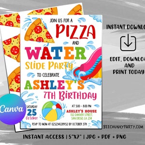 Bearbeitbare Pizza und Waterslide Party Einladung, Abschlussfeier der Schule, printable einladen Back to School, Sommer Kinder Geburtstag mit CANVA