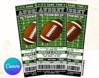 Invito di compleanno modificabile per biglietti di football, invito per biglietti di football americano, festa di football, invito per festa in stile biglietto sportivo con CANVA