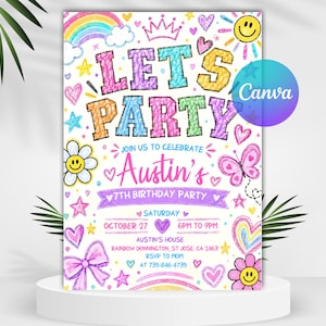 May include: A white birthday party invitation card featuring colourful crayon-style drawings of a rainbow, hearts, stars, a crown, a butterfly, and smiley face flowers. The text reads LET'S PARTY, Austin's 7th Birthday Party, Saturday, October 27, 6PM to 9PM.