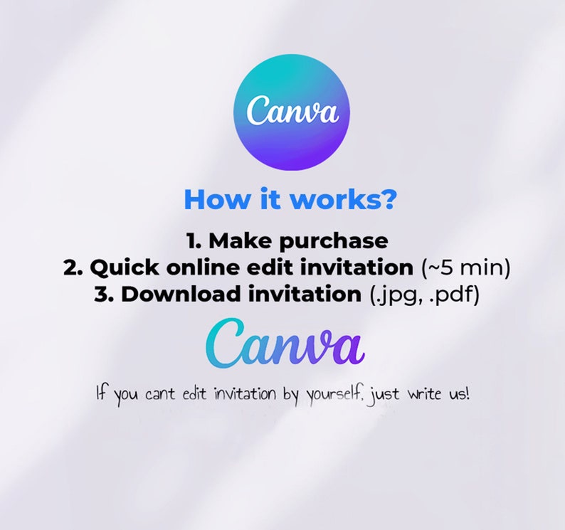 May include: A Canva logo with the text "How it works?" and a list of steps: 1. Make purchase, 2. Quick online edit invitation (~5 min), 3. Download invitation (.jpg, .pdf). The text "Canva" appears again below the list of steps. The text "If you can't edit invitation by yourself, just write us!" appears below the second Canva logo.