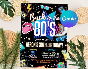Könnte beinhalten: Eine schwarze und neonfarbene Geburtstagseinladung mit dem Text "Back to the 80's" und "Aeron's 30th Birthday!" Die Einladung hat ein Retro-Design mit Rollschuhen, einem Kassettenrekorder, einem Joystick und einem Rubik's Cube.
