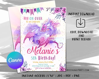Editable Purple Dragon Invitation, Girl Dragon Birthday Party Invitation, Dragon Invitation Editable Template. Purple Dragon Instant