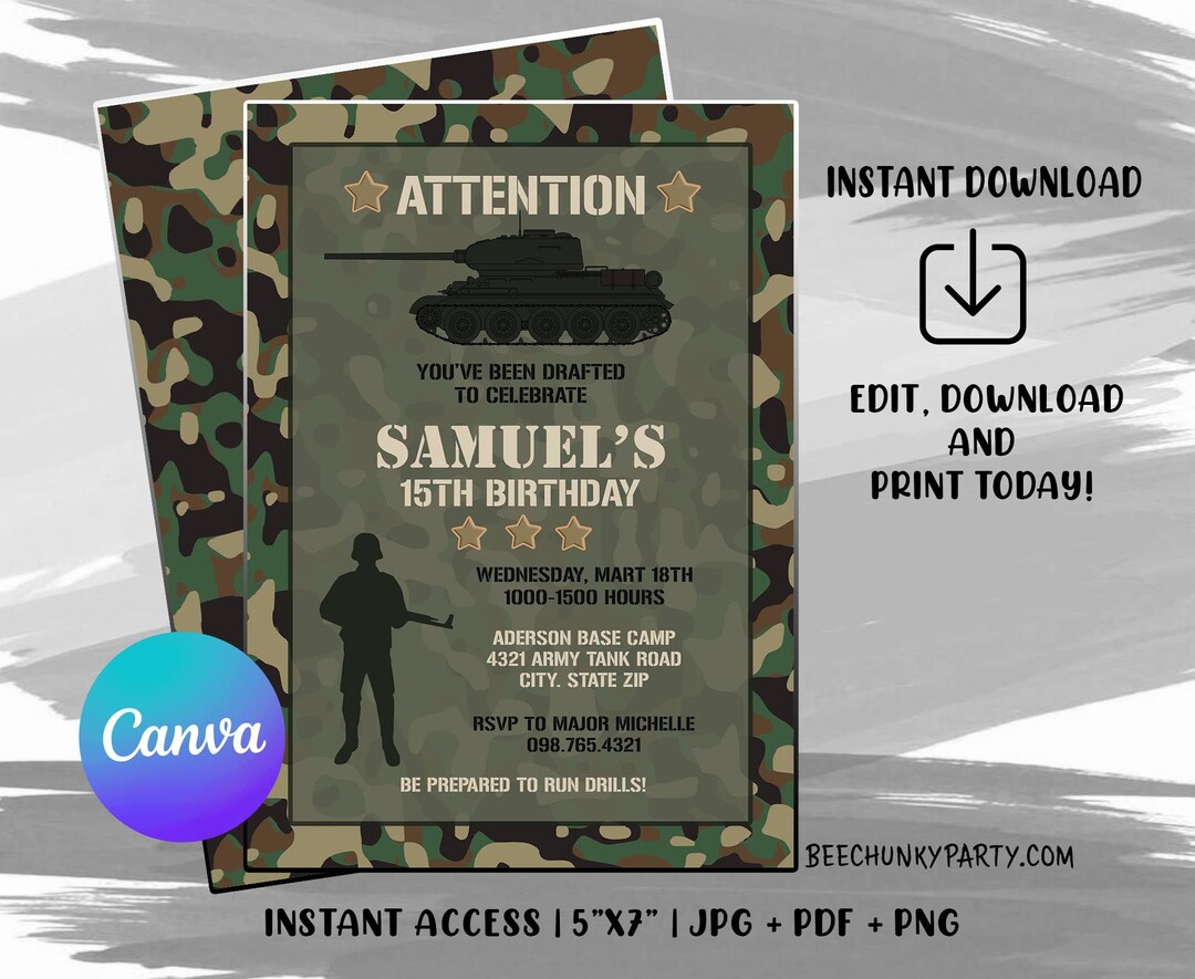 Editable Army Invitation, Army Birthday Invitation, Army Invitation ...