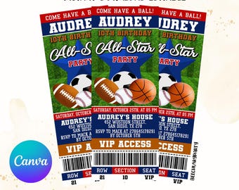 Editable All Star Sport ticket Invitation, Sports Birthday Invitation, Football, baseball, basketball, soccer with Canva