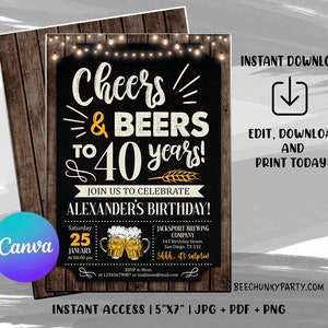 May include: A printable 5x7 inch invitation for a 40th birthday party. The invitation features a chalkboard background with the text "Cheers & Beers to 40 Years!" and a graphic of two beer mugs. The invitation also includes the text "Join us to celebrate Alexander's Birthday!" and details for the party, including the date, time, and location. The invitation is designed in a rustic style with a woodgrain background.