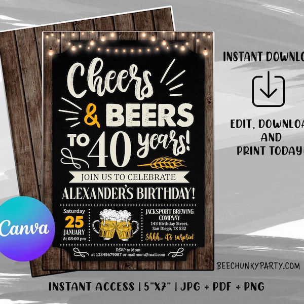 Cheers and Beers Birthday Invitation, Cheers and Beers to 30 Years, 40 Years, 50 Years, Adult Birthday Invite Printable Digital CANVA