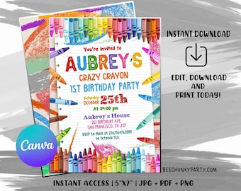 Invitación de cumpleaños con crayones, invitación para fiesta de arte con crayones, invitación para fiesta de arte, invitación con crayones, ¡edítala AHORA!