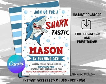 Editable Shark Birthday Invitation, Shark Invitation, Shark Template Download, Digital File, with CANVA