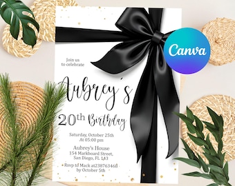 Black Bow Birthday Invitation, Minimalist Black Bow Birthday Invite, Black Ribbon Coquette 30th 40th 50th Birthday Party, Canva Template