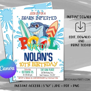 Shark Pool Party Invitation, Shark Birthday Invitation, Shark birthday, Shark Party, Digital File