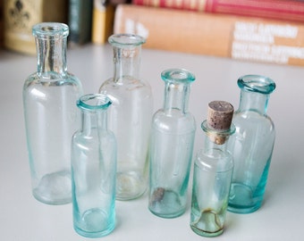 Frasco de boticario antiguo, vidrio color aguamarina, pequeño jarrón, artículo de colección, ¡LIQUIDACIÓN!