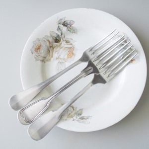 May include: Three silver forks with ornate handles are arranged on a white porcelain plate with a floral design. The plate features a pattern of white roses and green leaves.