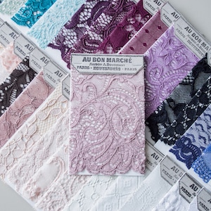 Voorbeeldkaart kant Stoflabel Swatch Junk journal Franse bladwijzer Groot label Verfraaiing Efemere