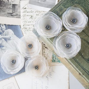 Applicazioni di fiori in organza, 6 o 12 pezzi, beige chiaro, decorazioni con perline, trasparenti, scrapbooking, tecniche miste, journaling
