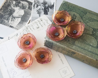 Apliques de flores de organza, 6 o 12 piezas, color naranja y morado, adornos de cuentas, álbumes de recortes, técnicas mixtas, diario