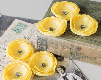 Fabric Flower Appliques 6 or 12 pcs Lemon Yellow Beaded Embellishments