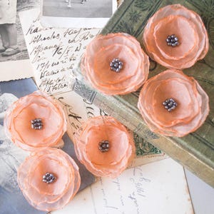 Applicazioni di fiori in organza, 6 o 12 pezzi, color albicocca, decorazioni con perline, trasparenti, tessuto stropicciato, tecnica mista, journaling