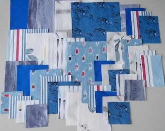 Boro Sashiko Fabric Kit 40pcs Blue & Beige Slow stitching Scraps