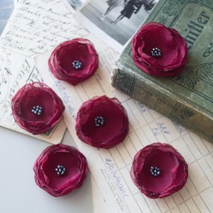 Organzabloemapplicaties 6 of 12 stuks bordeauxrood Donkerrood kralenversieringen Scrapbooking Mixed media Journaling