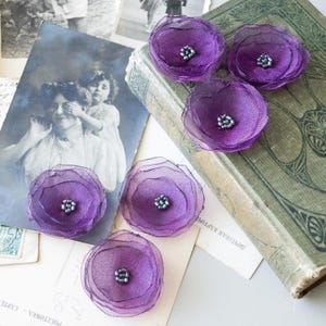 Apliques de flores de organza 6 ou 12 peças Roxo Magenta Brilho metálico Enfeites de miçangas Scrapbooking Mídia mista Diário