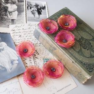 Apliques de flores de organza, 6 o 12 piezas, color fucsia y naranja, tela arrugada transparente, adornos de cuentas