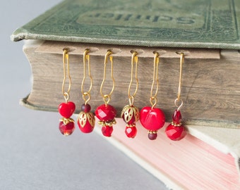 Junk journal dangles Red Gold Charms Boho Shabby chic Set of 6