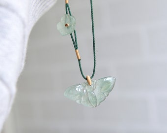 Natural Type A Jadeite Jade Butterfly pendant 18” Short necklace. Traditional Chinese art/Ready to ship/style2854