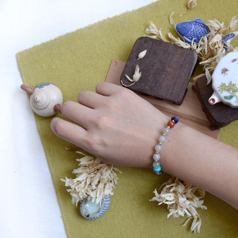 Blue knotted braceletstyle133B Traditional Chinese knotting art Jadeite Jade beads bracelet