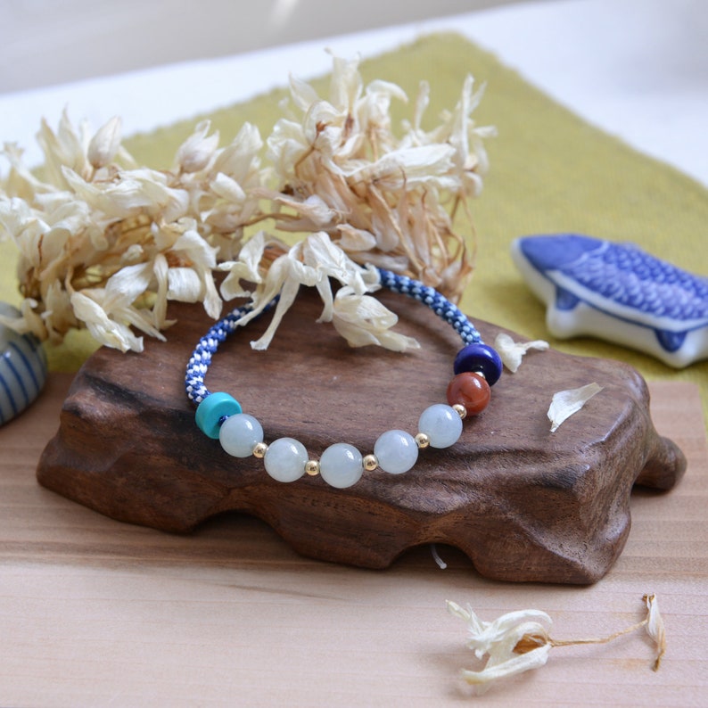 Blue knotted braceletstyle133B Traditional Chinese knotting art Jadeite Jade beads bracelet